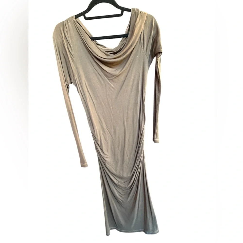 Vintage 00’s JAMES PERSE khaki/ brown l/s draped body con maxi dress Large - Picture 2 of 6